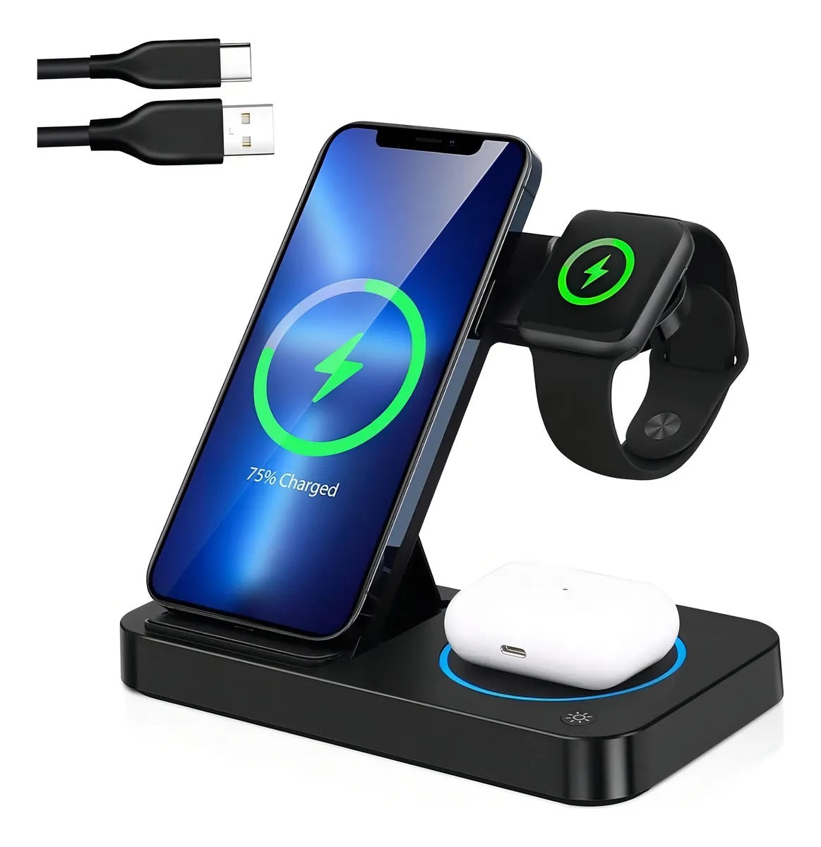 Fast wireless charging station for cell phones, watches, and iPods.