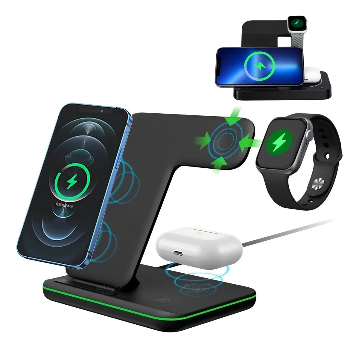 Fast wireless charging station for cell phones, watches, and iPods.