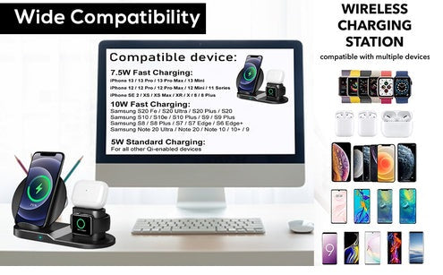 Fast wireless charging station for cell phones, watches, and iPods.