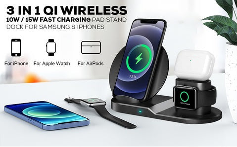 Fast wireless charging station for cell phones, watches, and iPods.